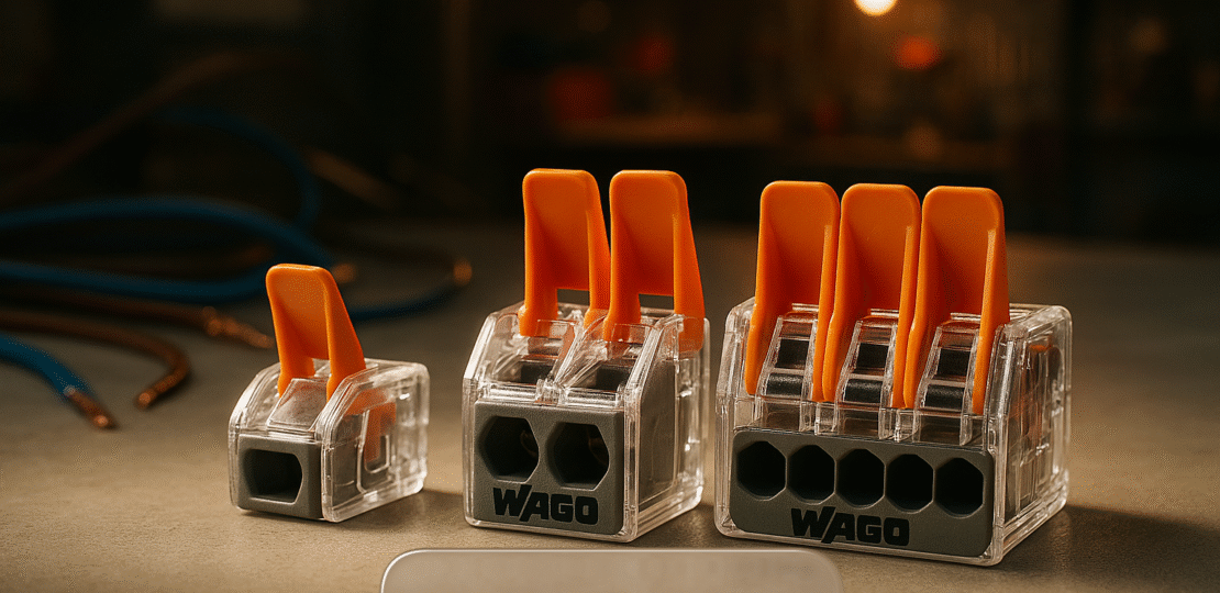 Coloque 3 tipos de conectores Wago sob uma luz for