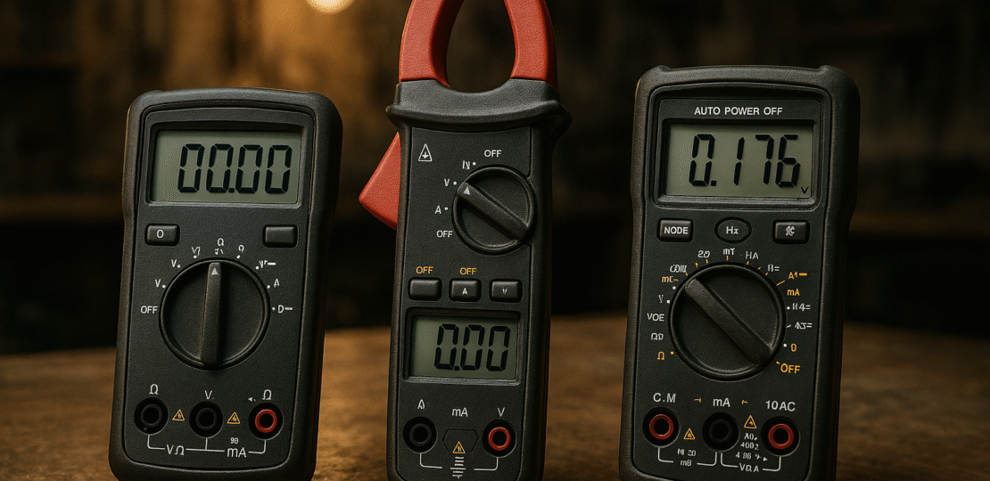 Gere uma imagem com 3 tipos de multímetros digitai